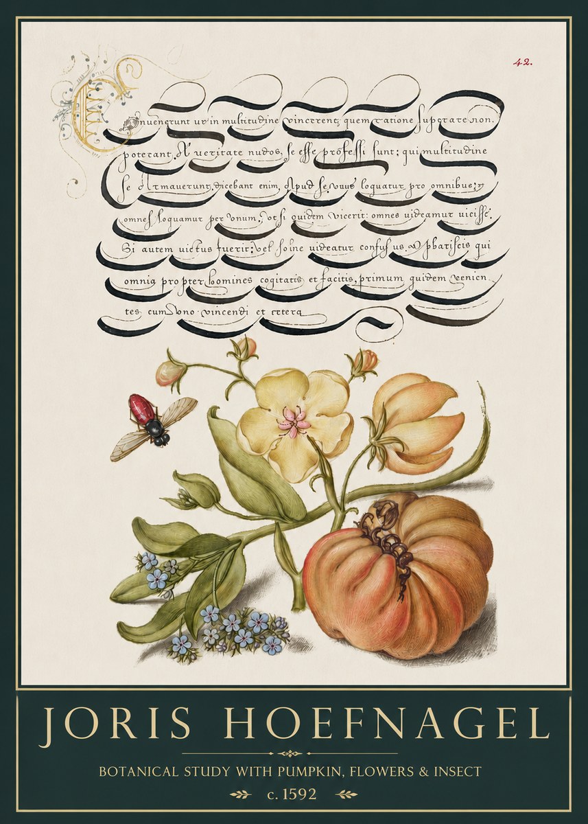 Joris Hoefnagel Botanical Study with Pumpkin, Flowers & Insect No3 - Affiche