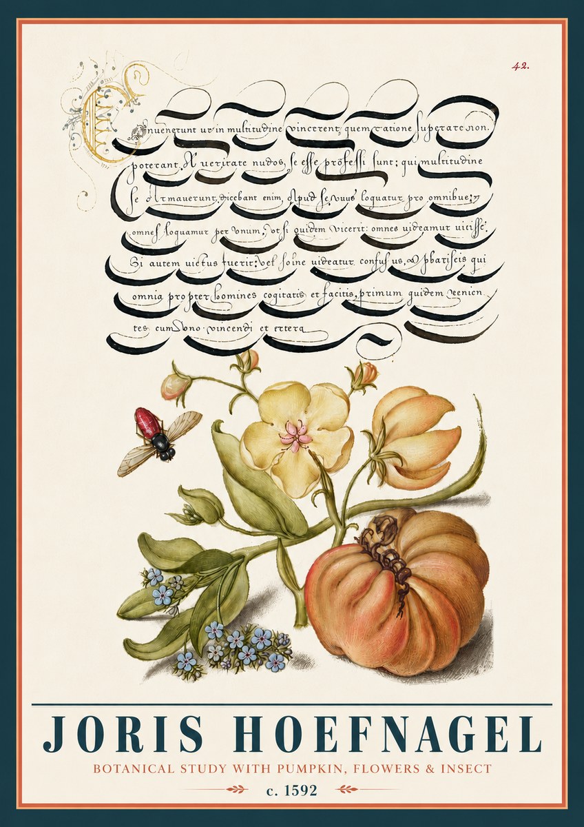 Joris Hoefnagel Botanical Study with Pumpkin, Flowers & Insect No5 - Affiche