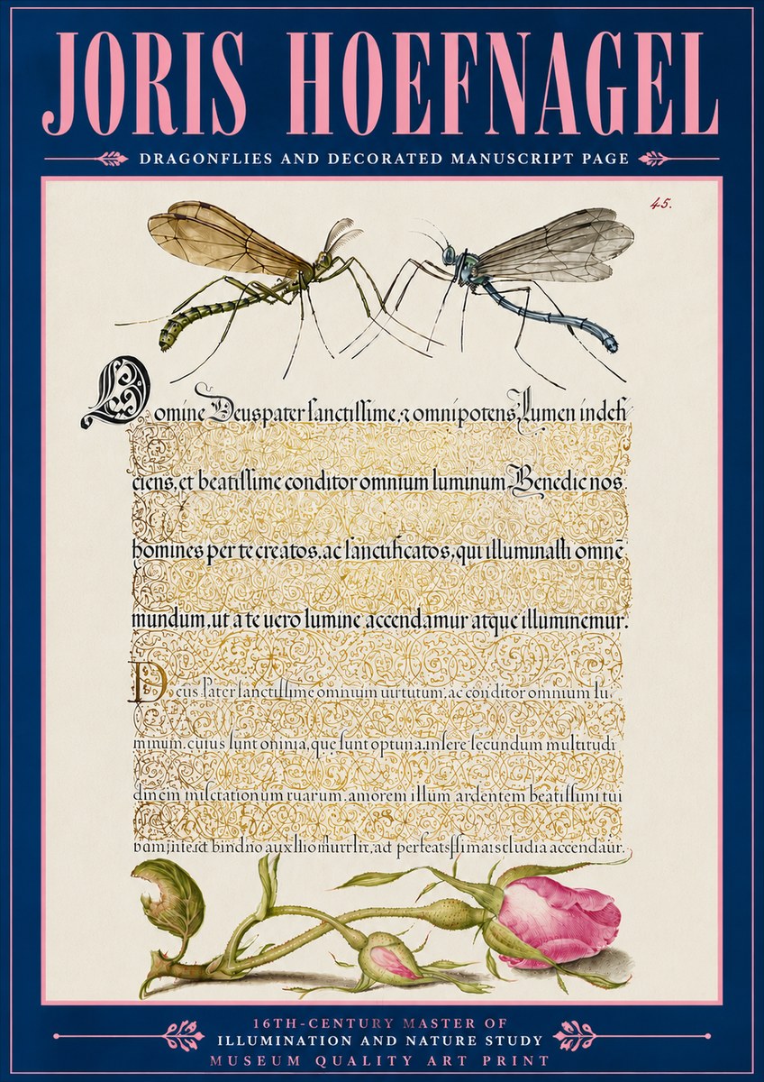 Joris Hoefnagel Dragonflies and Decorated Manuscript Page No6 - Affiche
