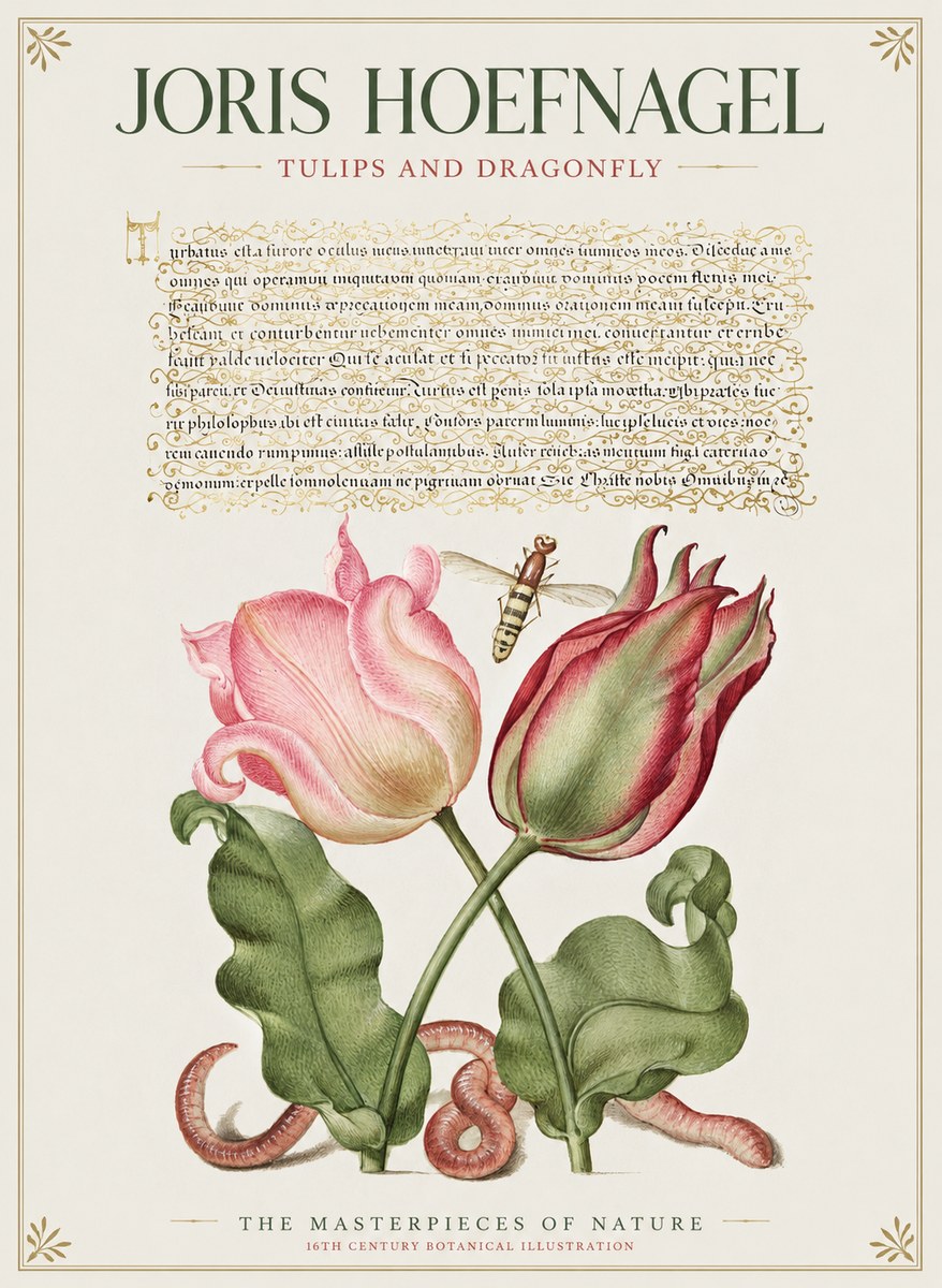 Joris Hoefnagel Two Tulips with Caterpillars and Dragonfly No2 - Affiche