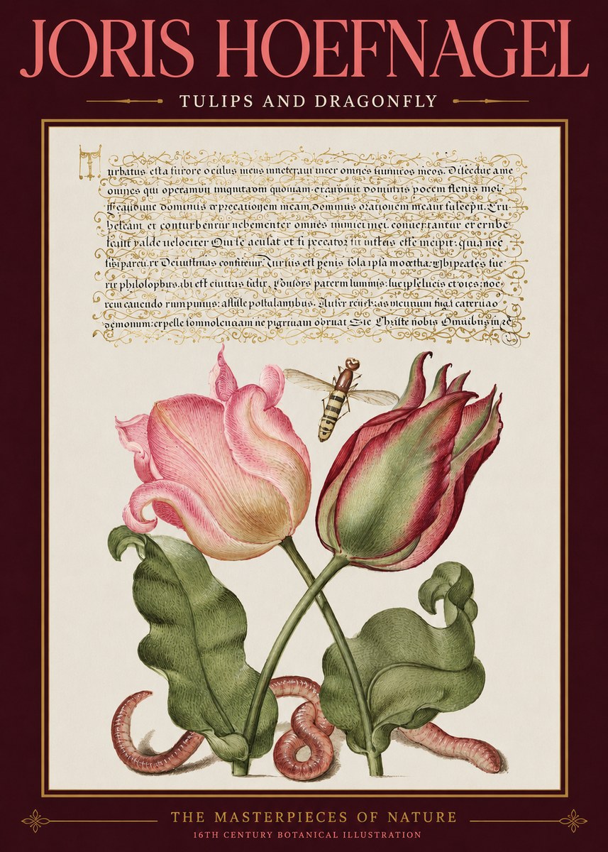 Joris Hoefnagel Two Tulips with Caterpillars and Dragonfly No3 - Affiche
