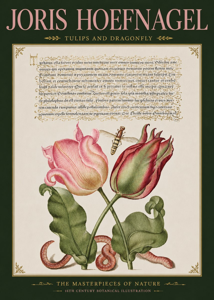Joris Hoefnagel Two Tulips with Caterpillars and Dragonfly No5 - Affiche