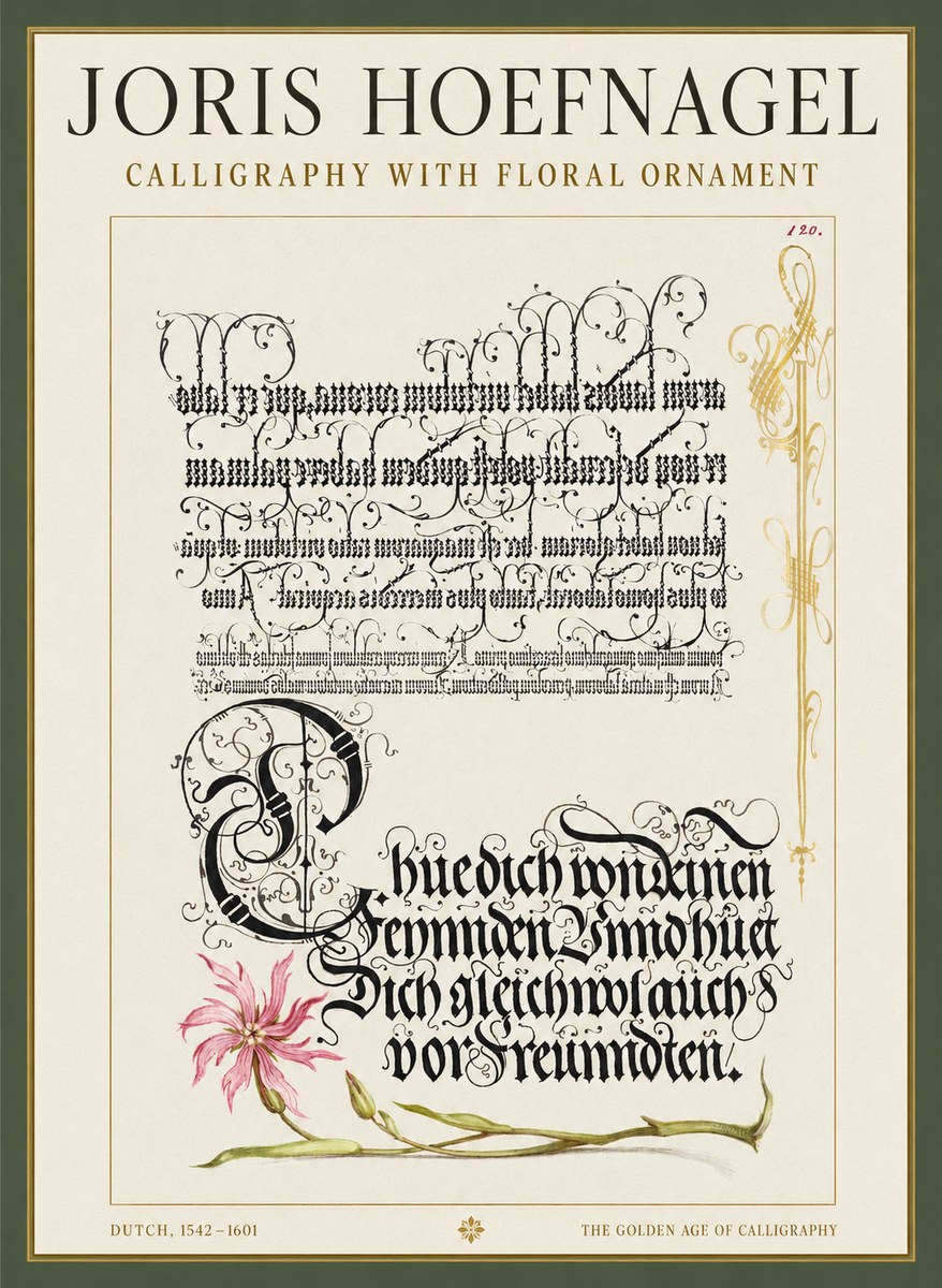 Joris Hoefnagel Calligraphy with Floral Ornament No1 - Affiche