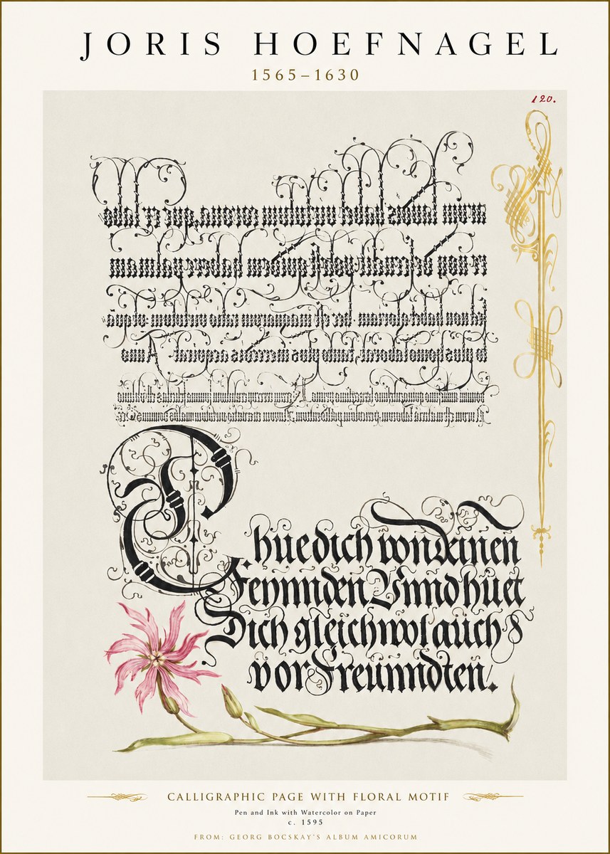 Joris Hoefnagel Calligraphy with Floral Ornament No3 - Affiche