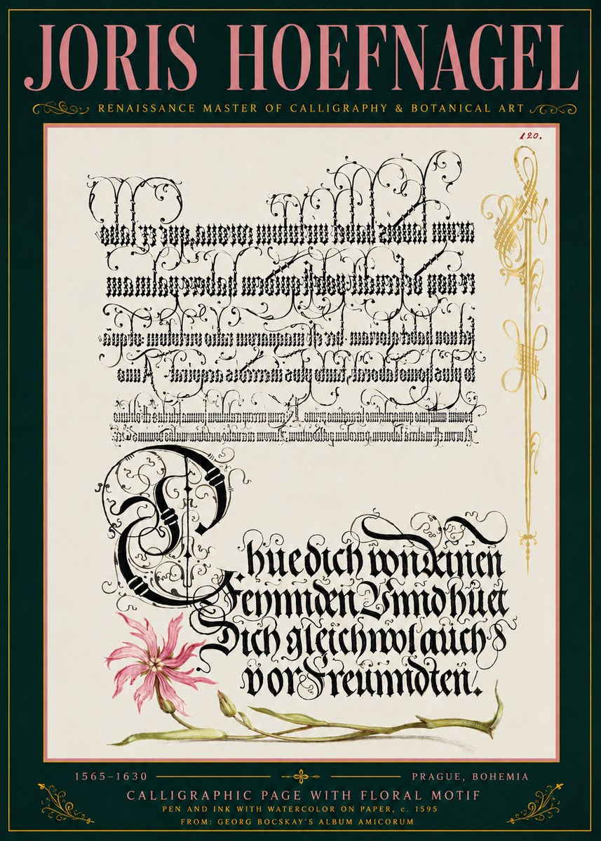 Joris Hoefnagel Calligraphy with Floral Ornament No6 - Affiche