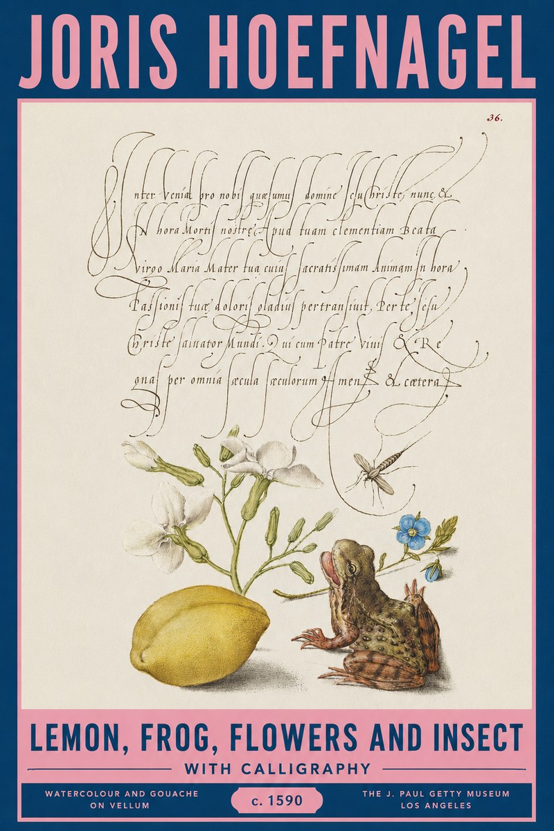 Joris Hoefnagel Nature Study with Lemon, Flowers, Frog & Insect No3 - Affiche