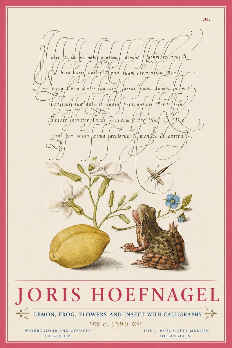 Joris Hoefnagel Nature Study with Lemon, Flowers, Frog & Insect No6 - Affiche