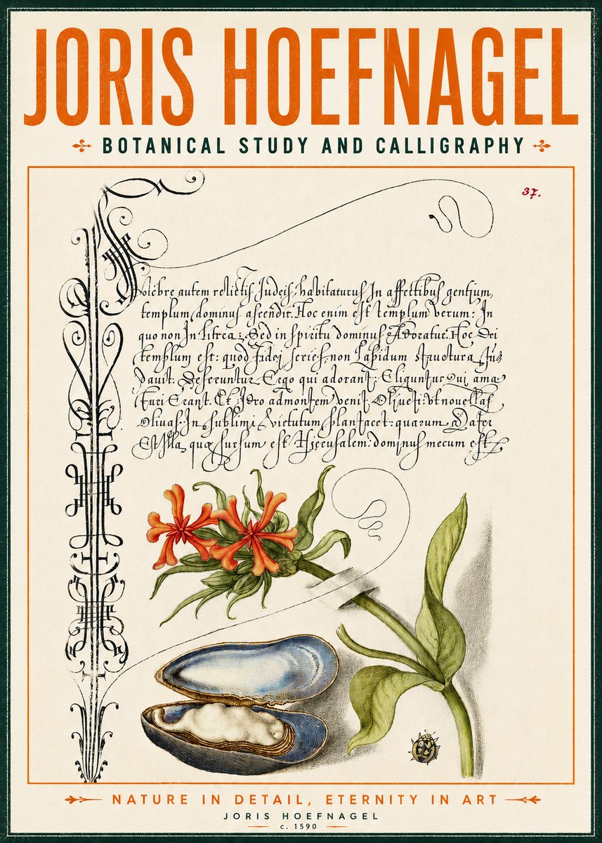 Joris Hoefnagel Botanical Study and Calligraphic Page No4 - Affiche