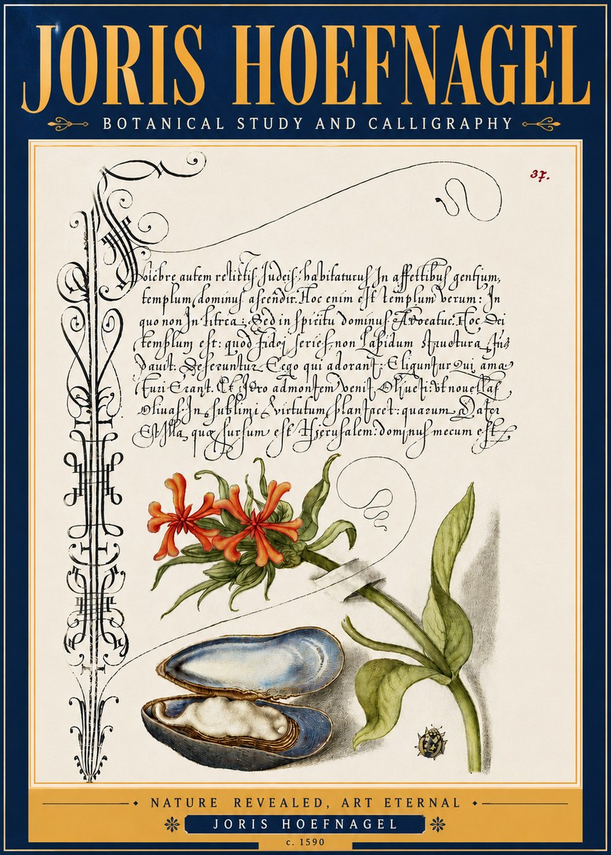 Joris Hoefnagel Botanical Study and Calligraphic Page No6 - Affiche