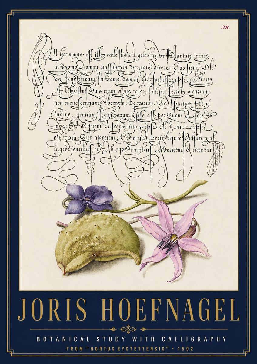 Joris Hoefnagel Botanical Study with Calligraphy I No4 - Affiche
