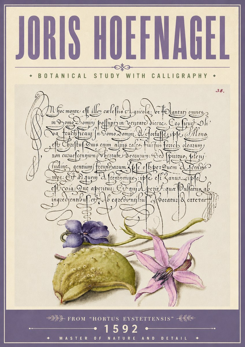 Joris Hoefnagel Botanical Study with Calligraphy I No6 - Affiche