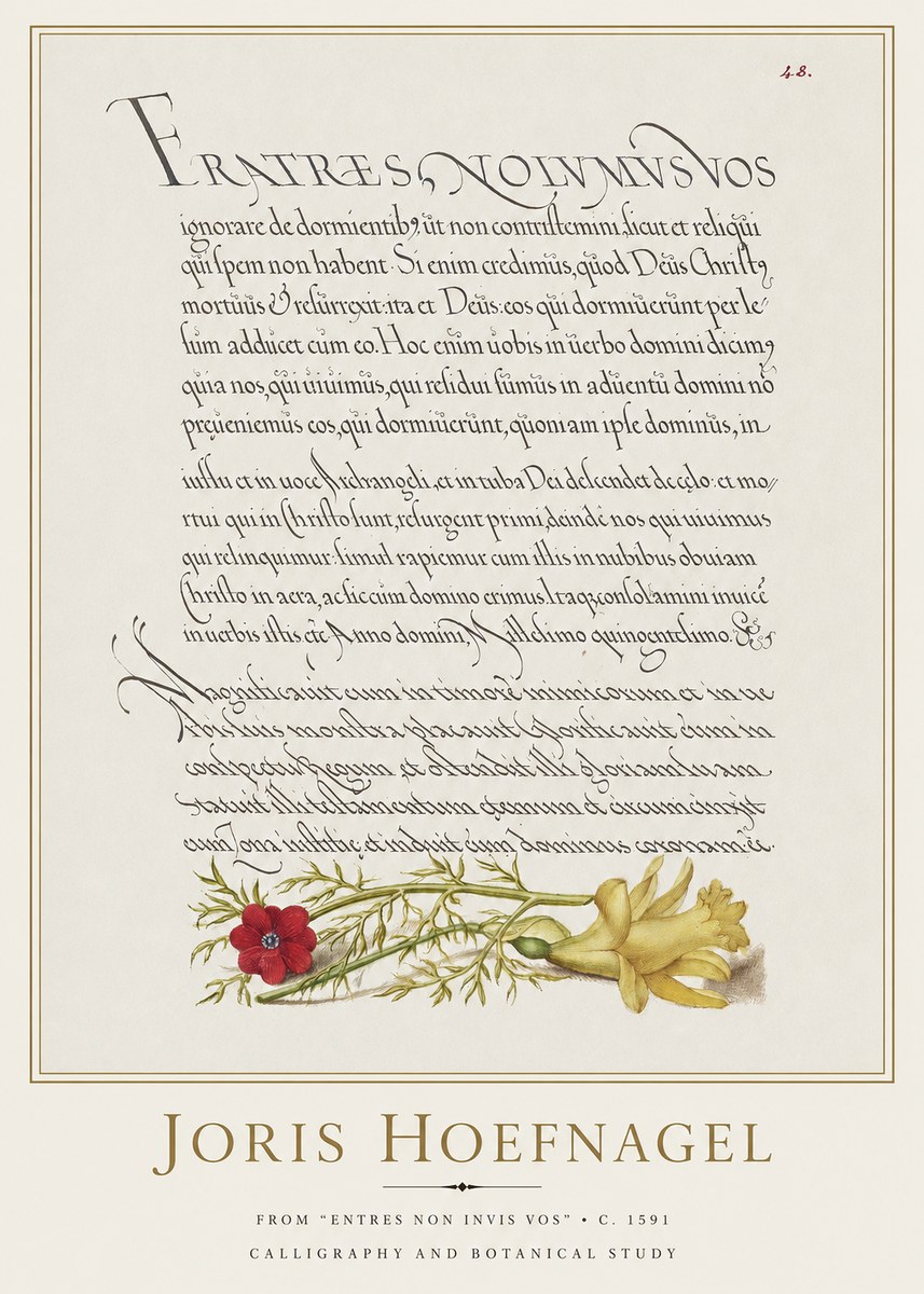 Joris Hoefnagel Calligraphy and Botanical Study I No2 - Affiche