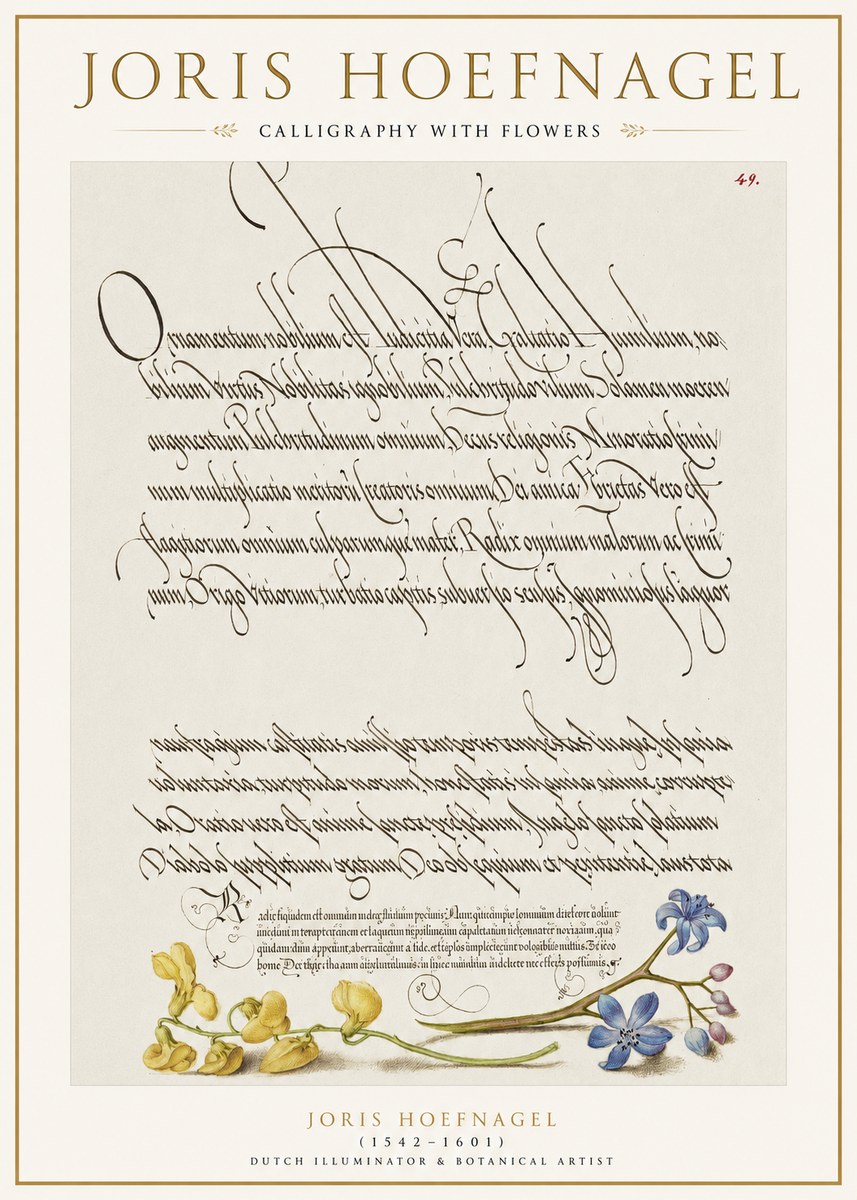 Joris Hoefnagel Calligraphy with Flowers No1 - Affiche