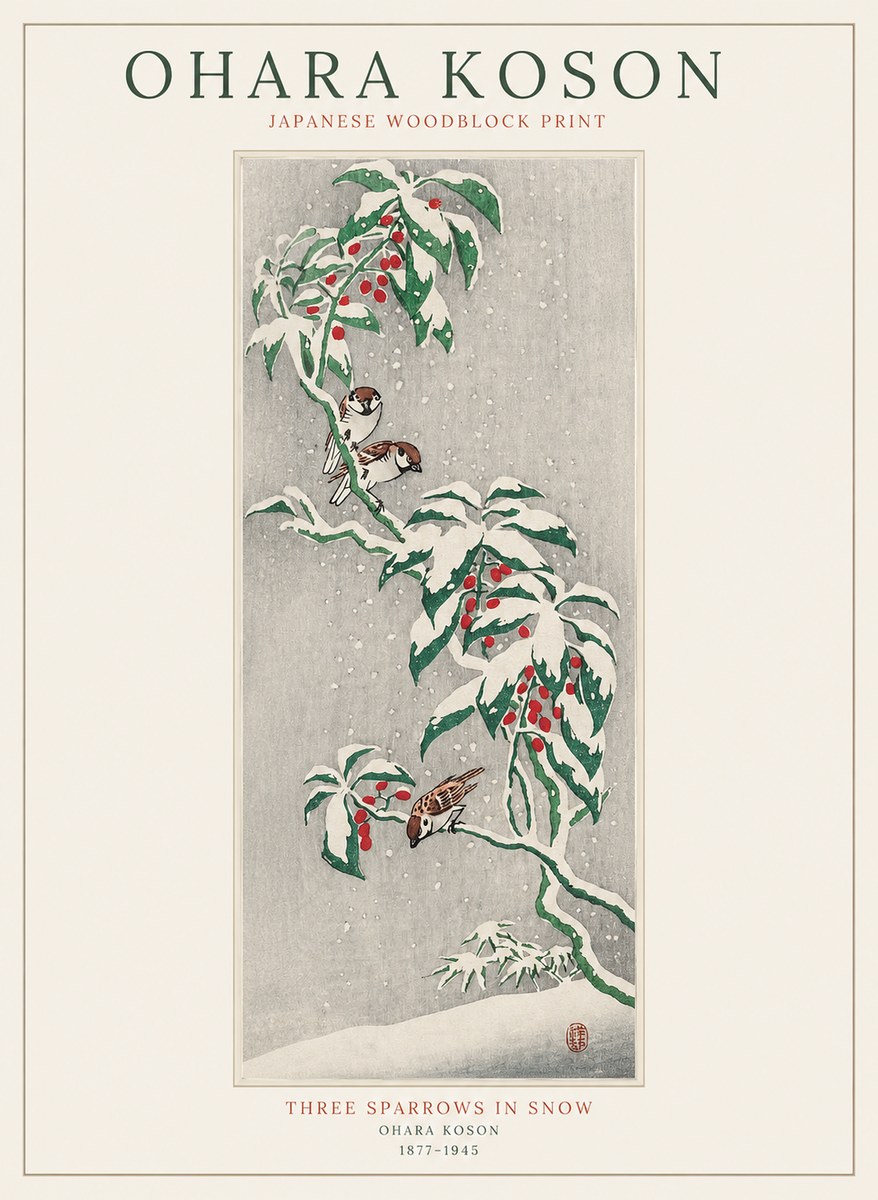 Ohara Koson Three Sparrows in Snow No1 - Affiche