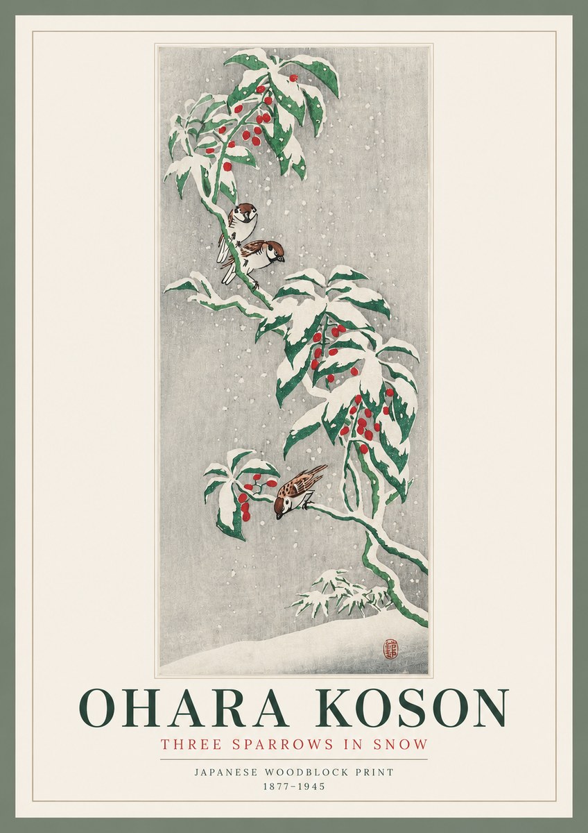 Ohara Koson Three Sparrows in Snow No2 - Affiche