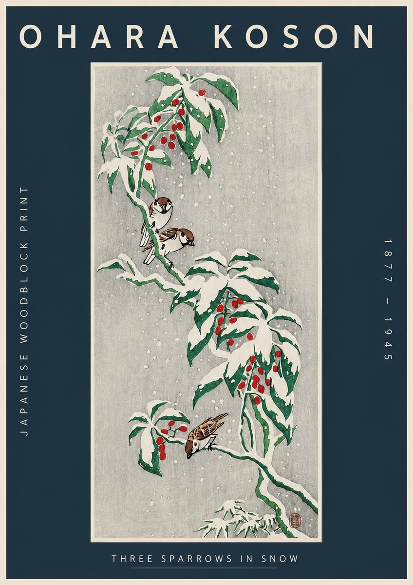 Ohara Koson Three Sparrows in Snow No4 - Affiche