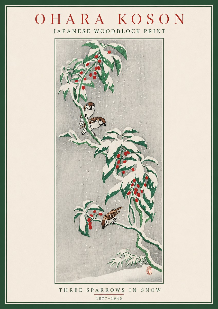 Ohara Koson Three Sparrows in Snow No5 - Affiche