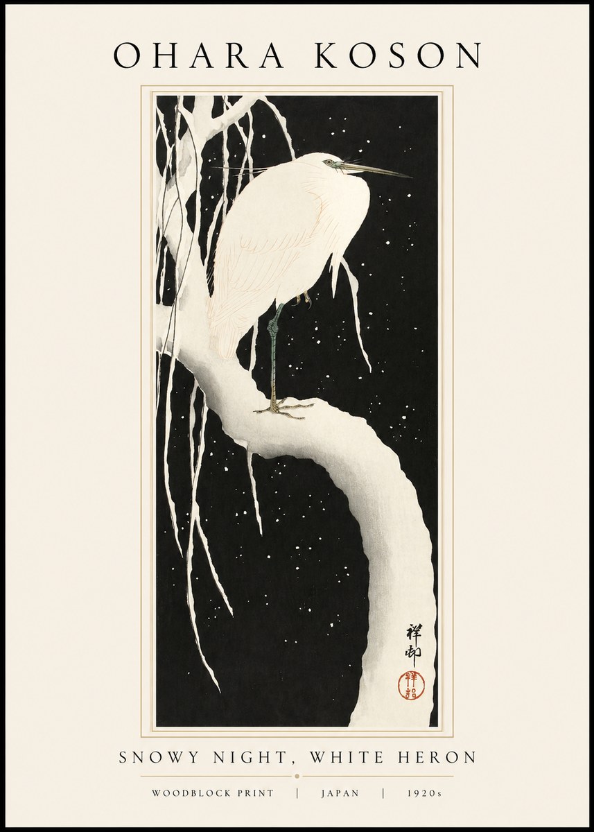 Ohara Koson Snowy Night, White Heron No1 - Affiche