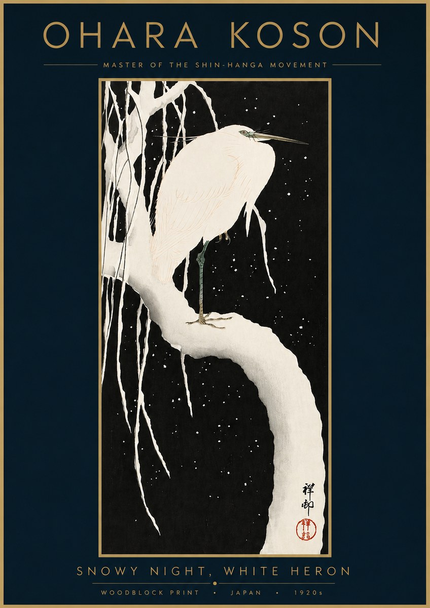 Ohara Koson Snowy Night, White Heron No3 - Affiche