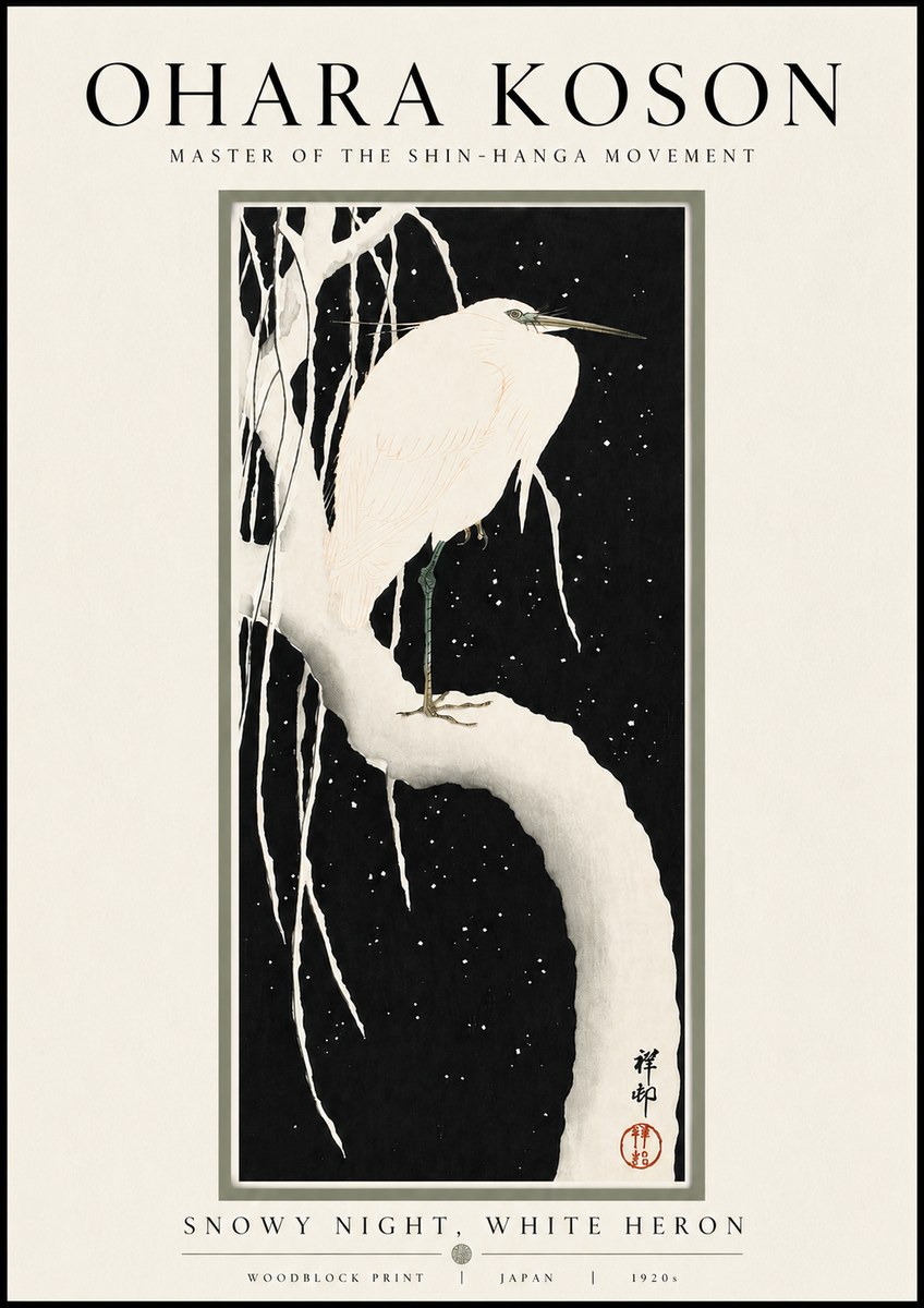 Ohara Koson Snowy Night, White Heron No4 - Affiche