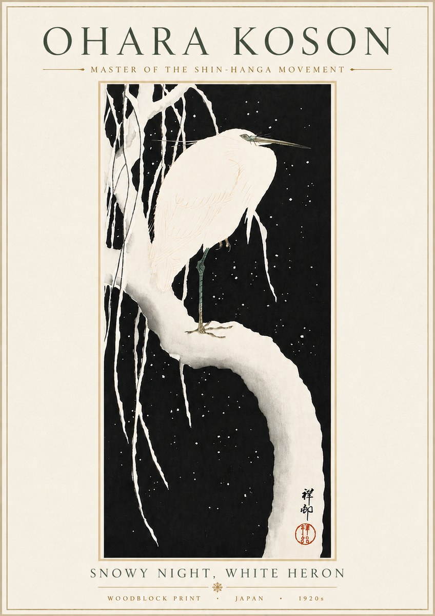 Ohara Koson Snowy Night, White Heron No6 - Affiche