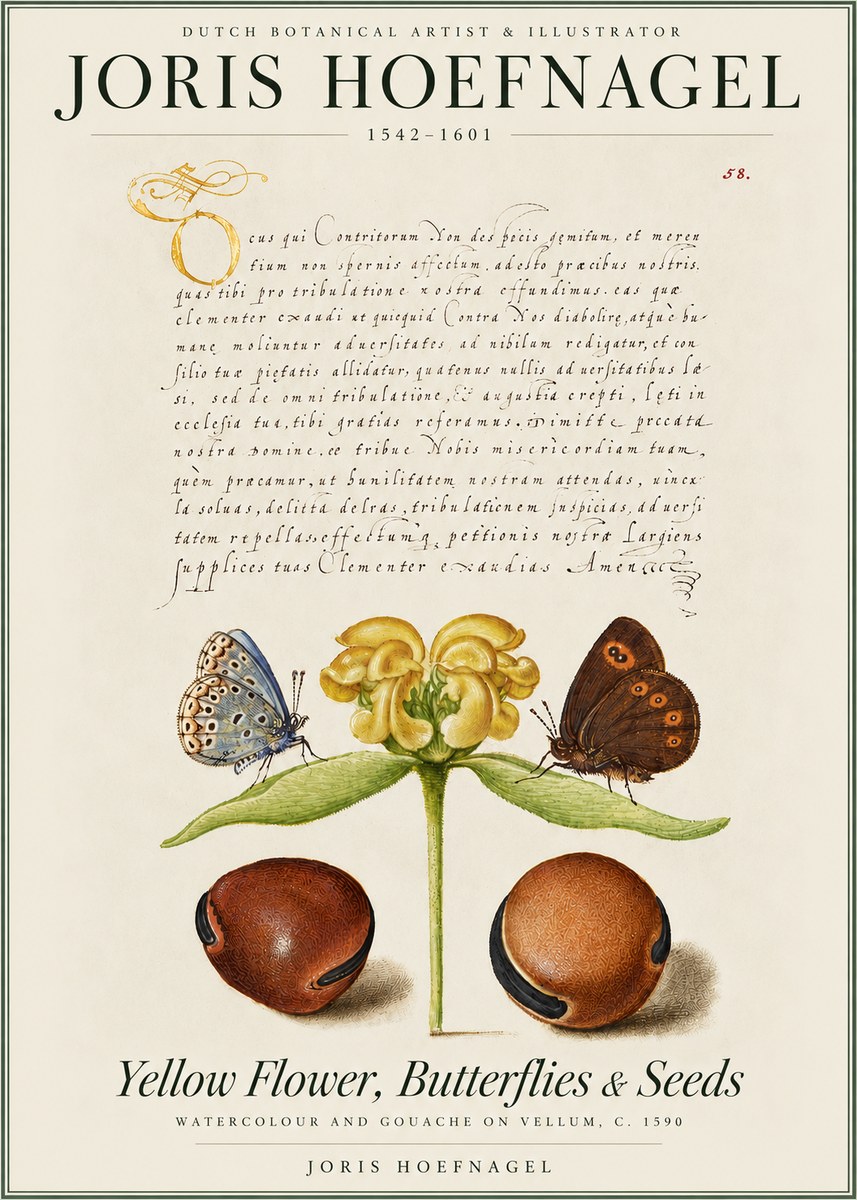 Joris Hoefnagel Yellow Flower, Butterflies & Seeds No4 - Affiche