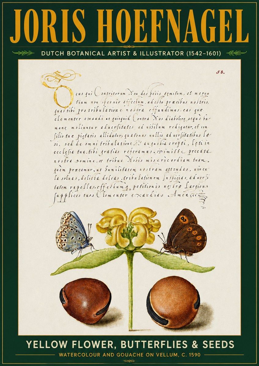 Joris Hoefnagel Yellow Flower, Butterflies & Seeds No5 - Affiche