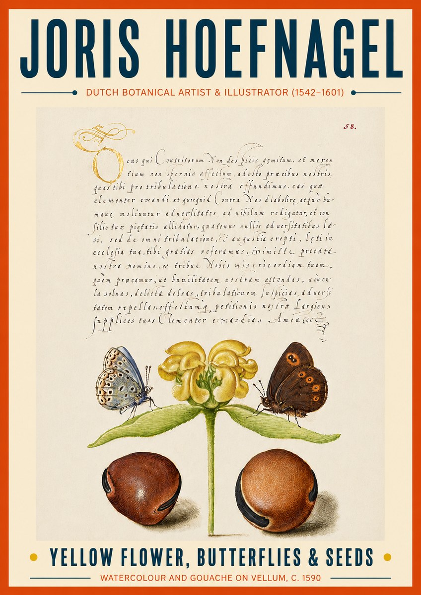 Joris Hoefnagel Yellow Flower, Butterflies & Seeds No6 - Affiche