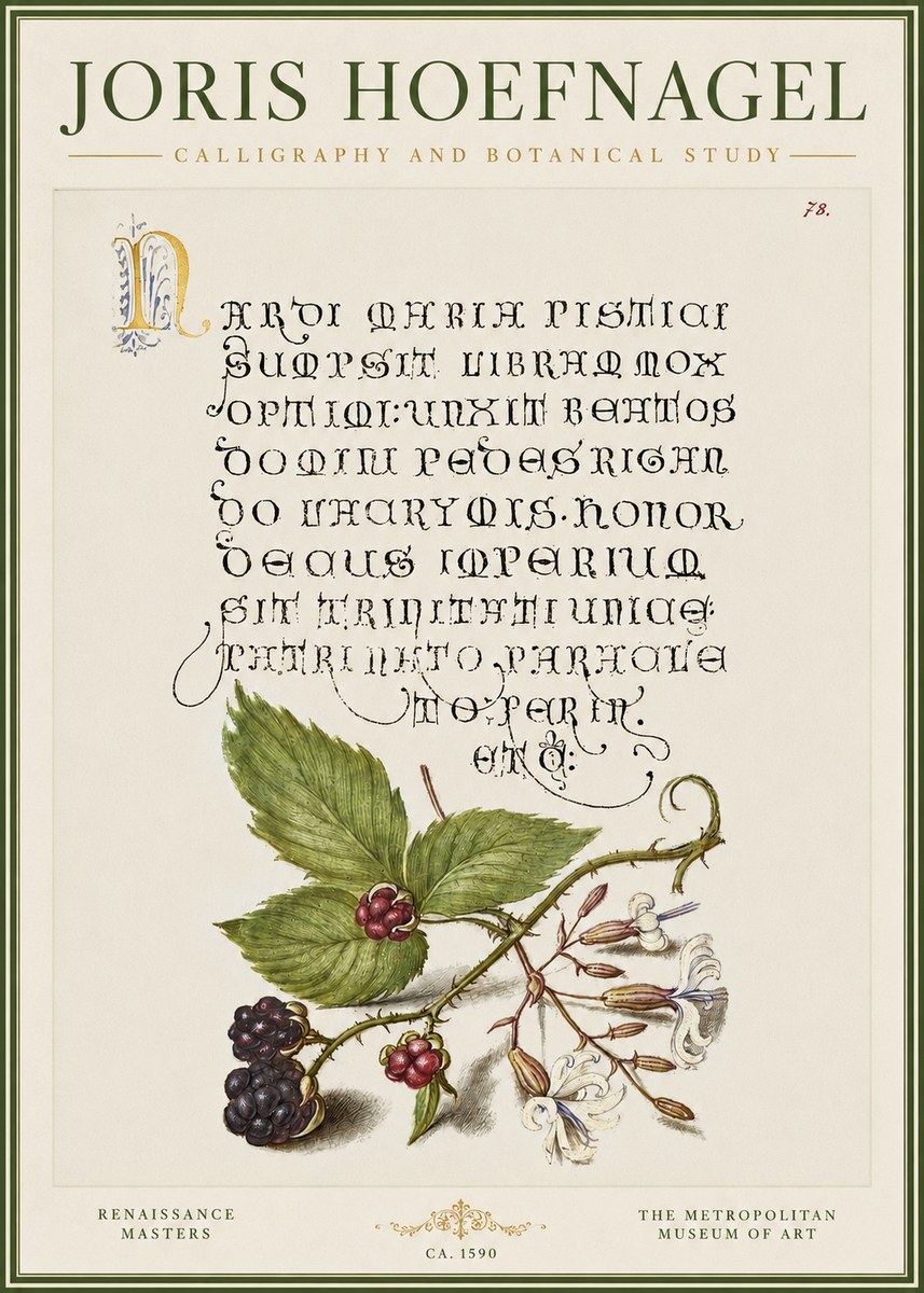 Joris Hoefnagel Calligraphy and Botanical Study II No3 - Affiche