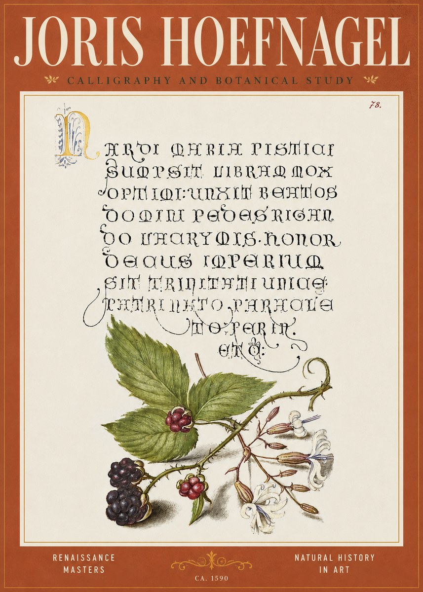 Joris Hoefnagel Calligraphy and Botanical Study II No4 - Affiche