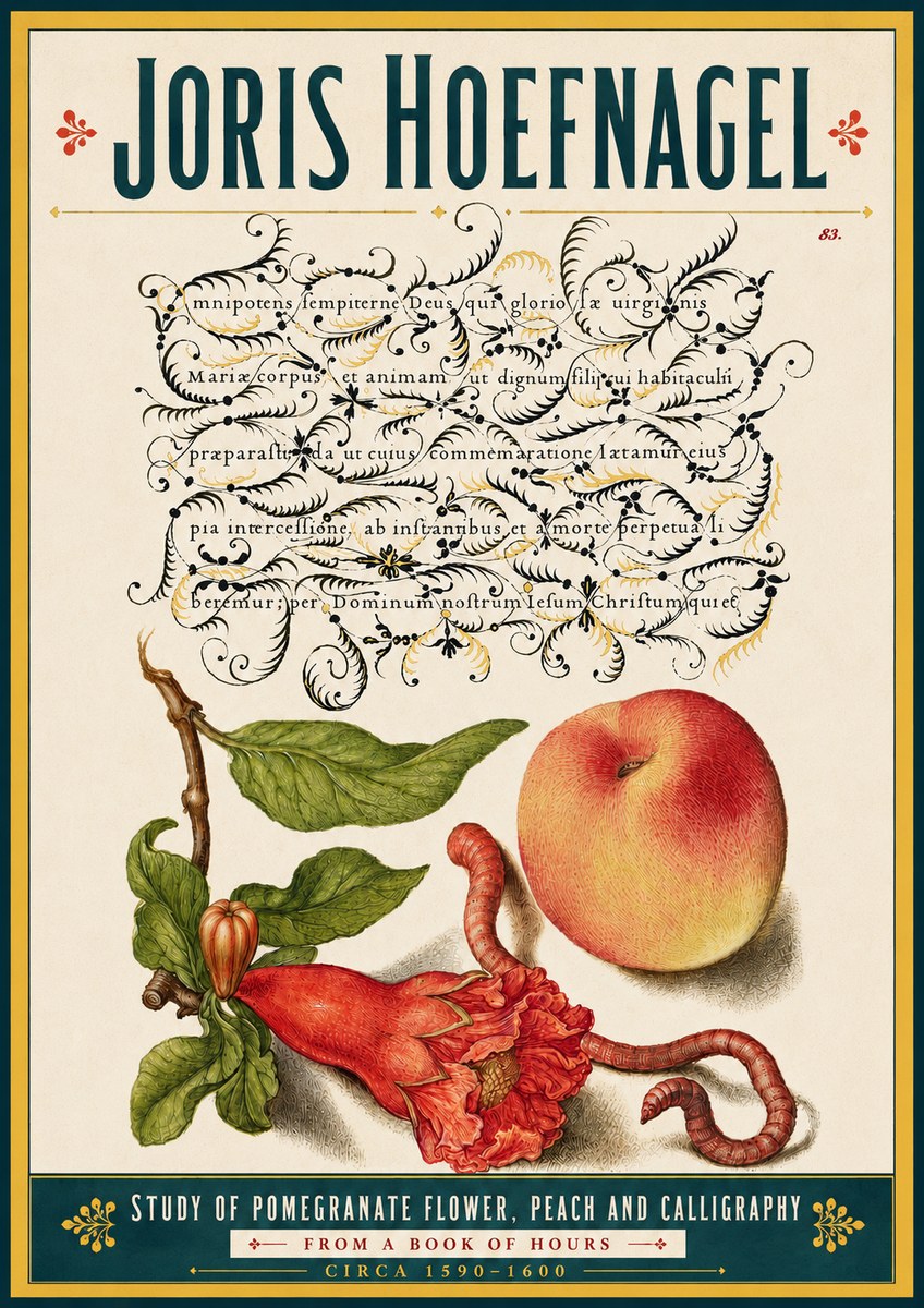 Joris Hoefnagel Study of Pomegranate Flower, Peach and Calligraphy from a Book of Hours No5 - Affiche
