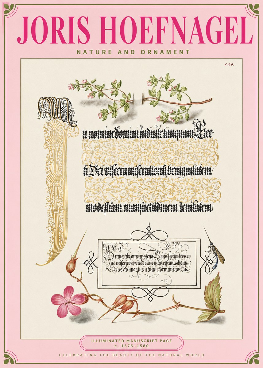 Joris Hoefnagel Illuminated Manuscript Page with Flowers and Insect No2 - Affiche