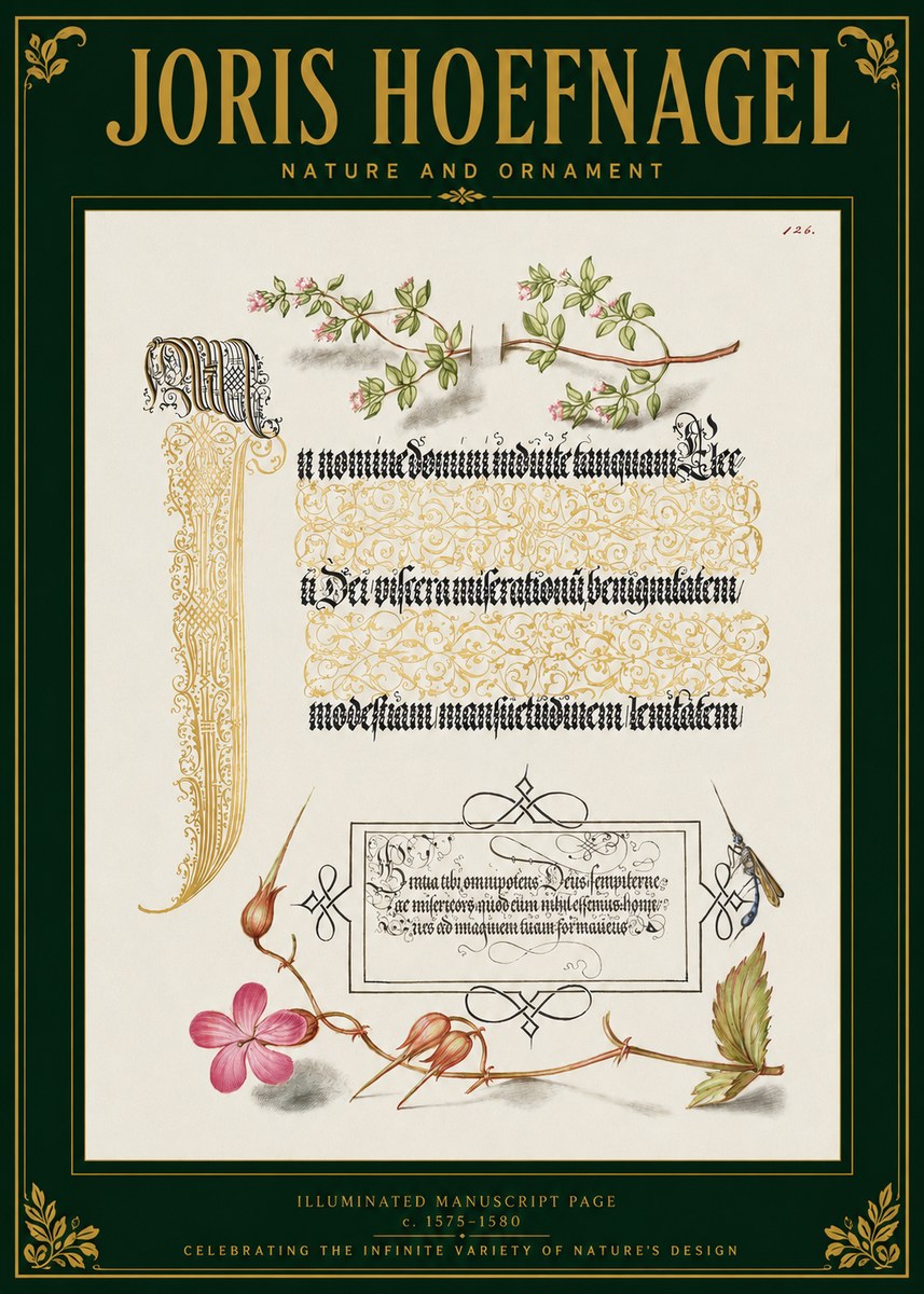Joris Hoefnagel Illuminated Manuscript Page with Flowers and Insect No3 - Affiche