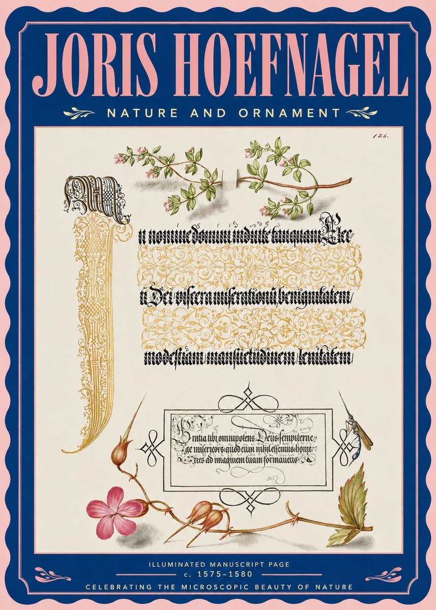 Joris Hoefnagel Illuminated Manuscript Page with Flowers and Insect No4 - Affiche
