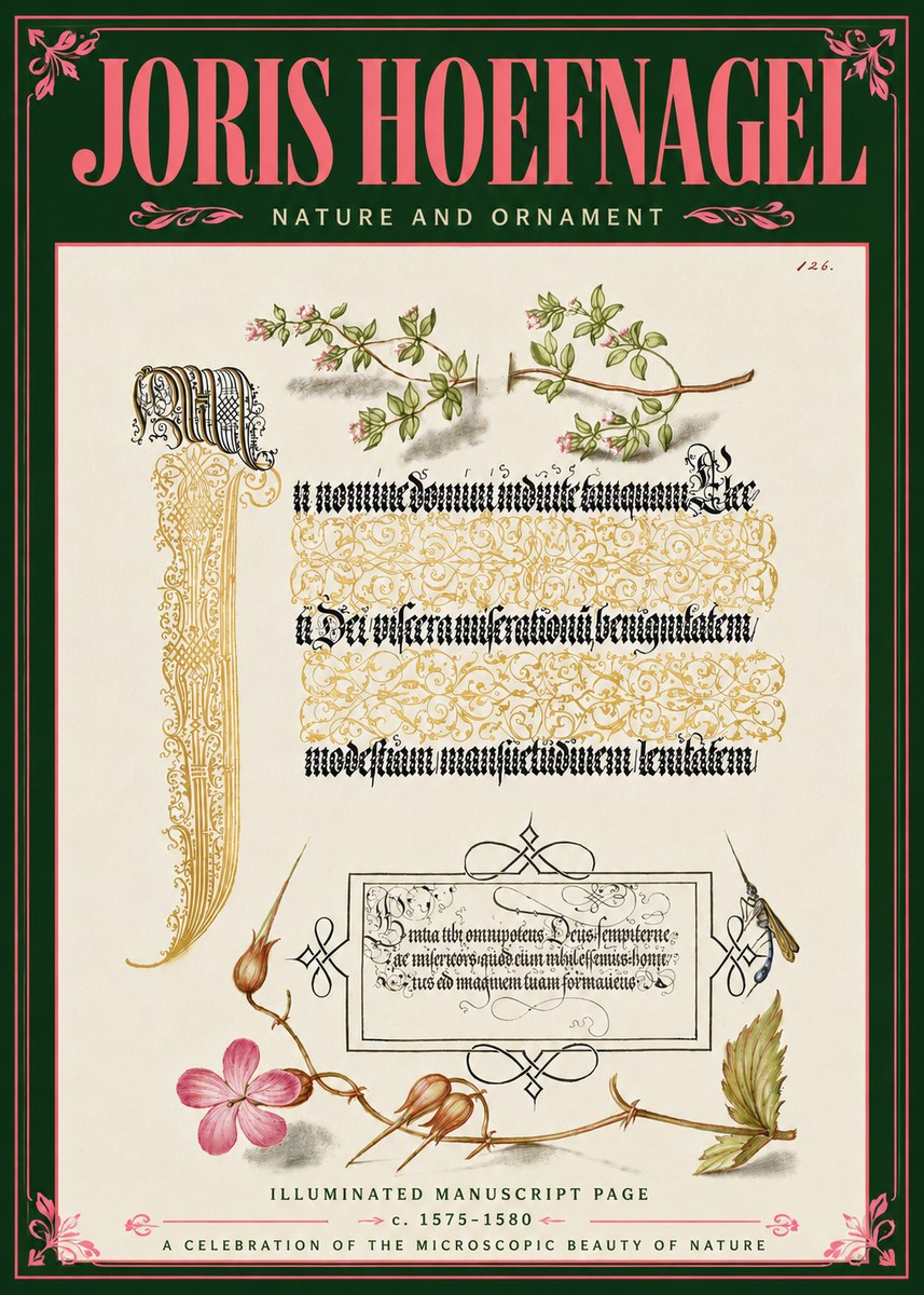 Joris Hoefnagel Illuminated Manuscript Page with Flowers and Insect No6 - Affiche