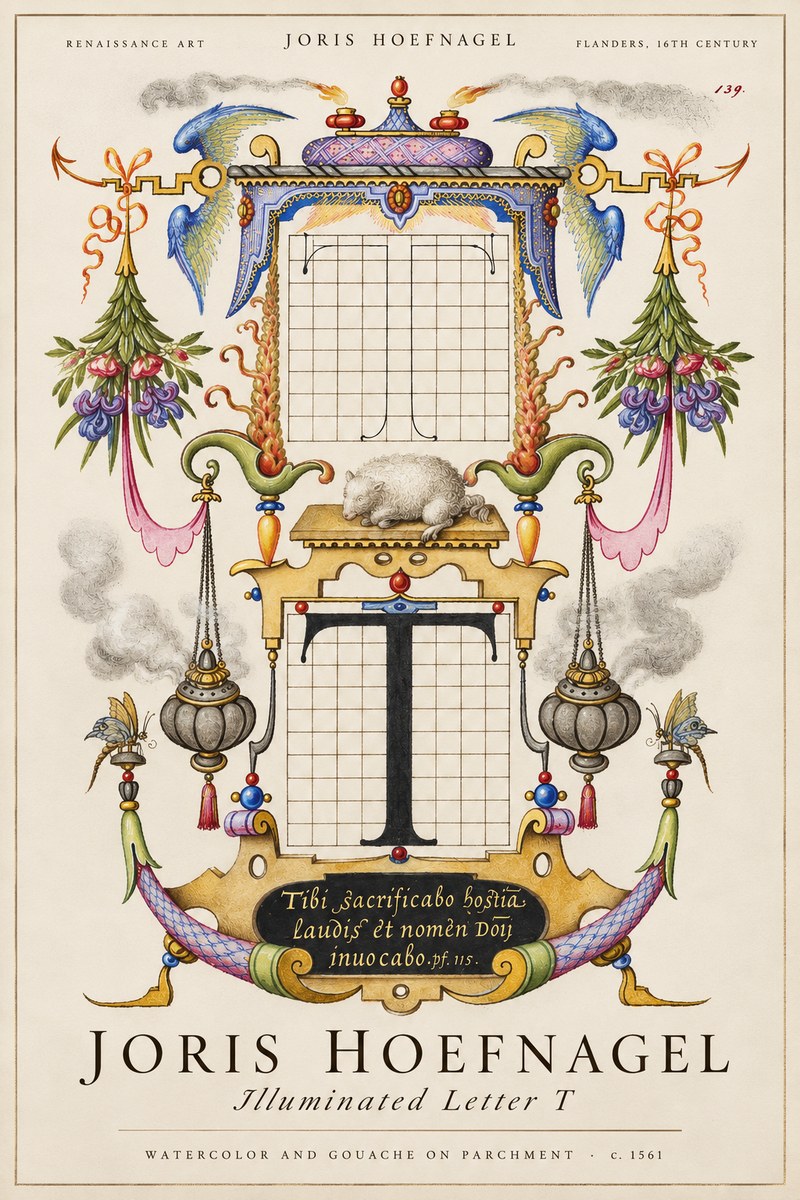 Joris Hoefnagel Letter T with Biblical Verse No3 - Affiche