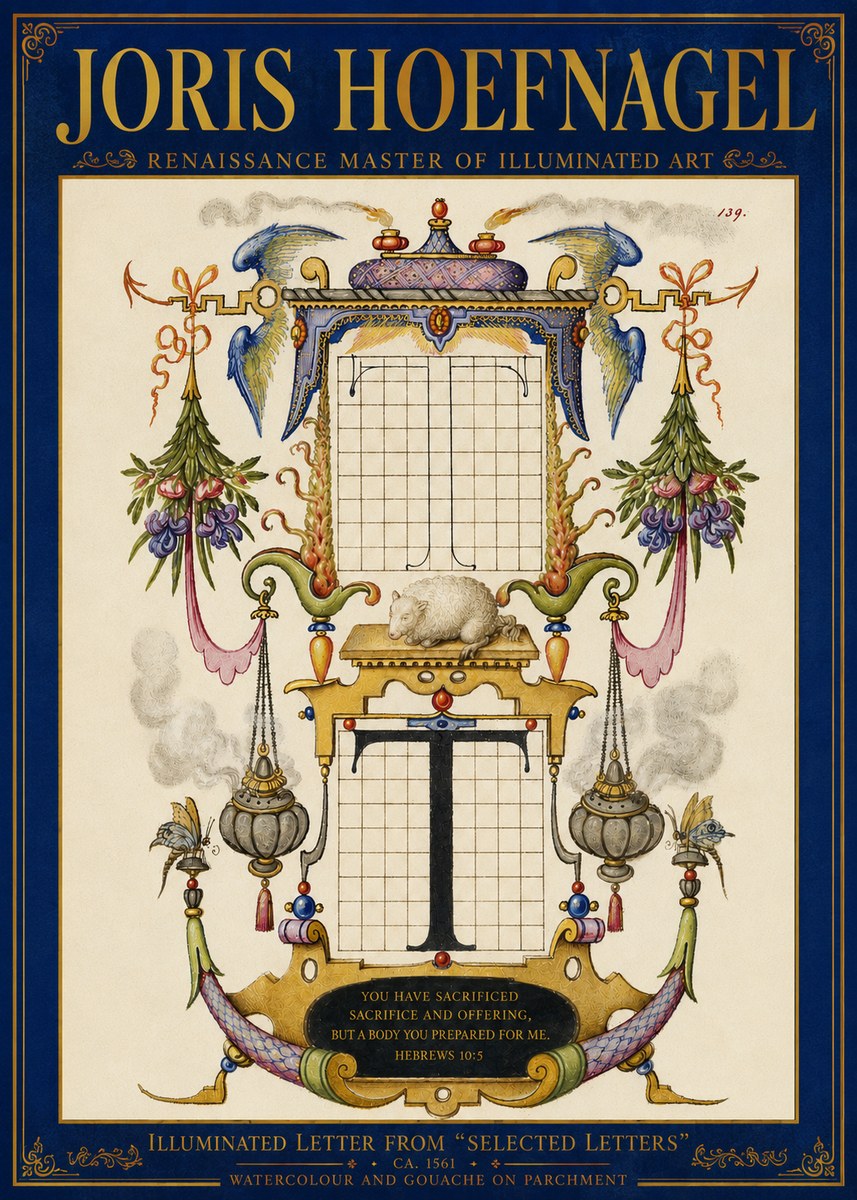 Joris Hoefnagel Letter T with Biblical Verse No5 - Affiche