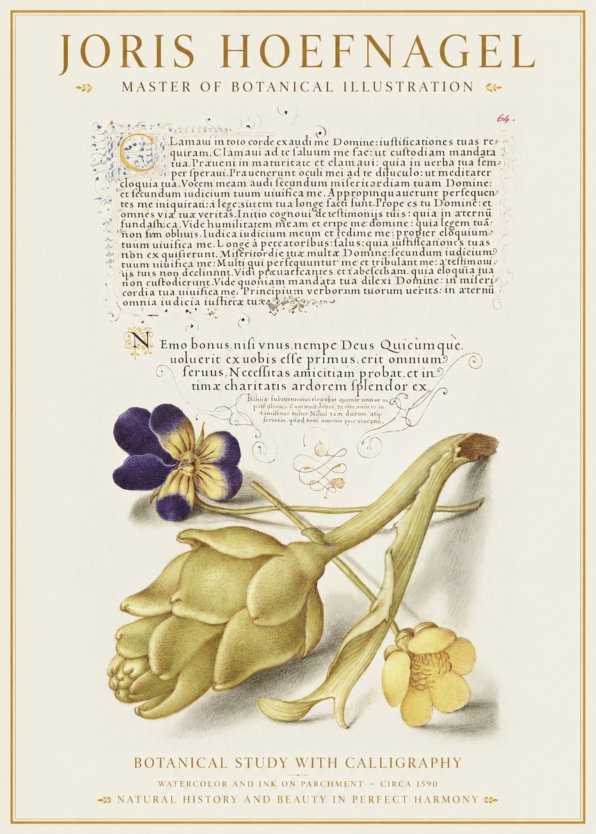 Joris Hoefnagel Botanical Study with Calligraphy III No1 - Affiche