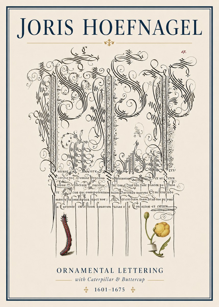 Joris Hoefnagel Ornamental Calligraphy with Caterpillar and Buttercup No4 - Affiche