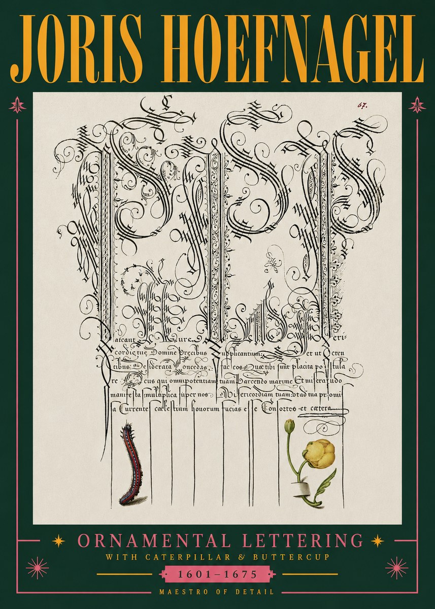 Joris Hoefnagel Ornamental Calligraphy with Caterpillar and Buttercup No5 - Affiche