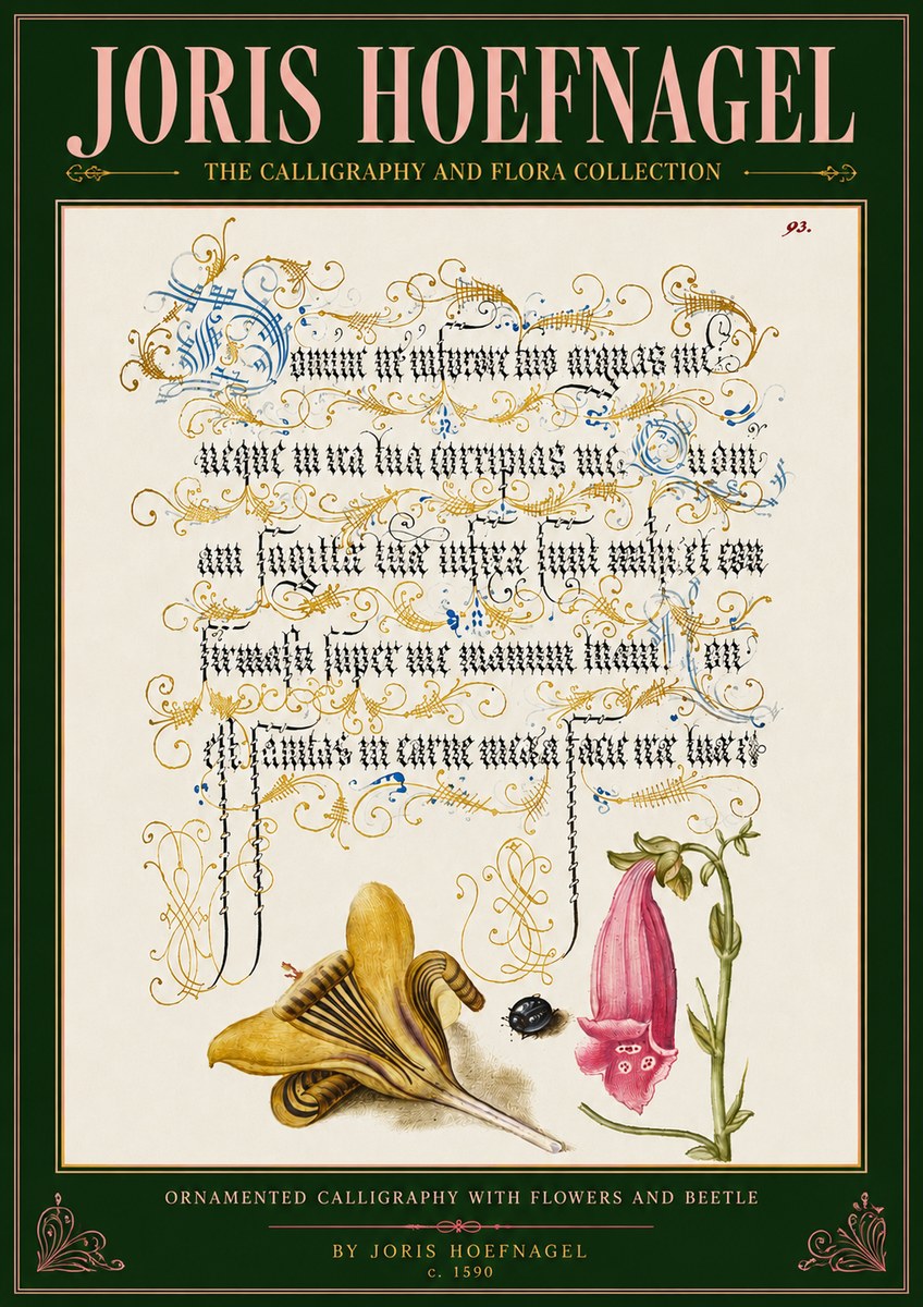 Joris Hoefnagel Ornamented Calligraphy with Flowers and Beetle No4 - Affiche