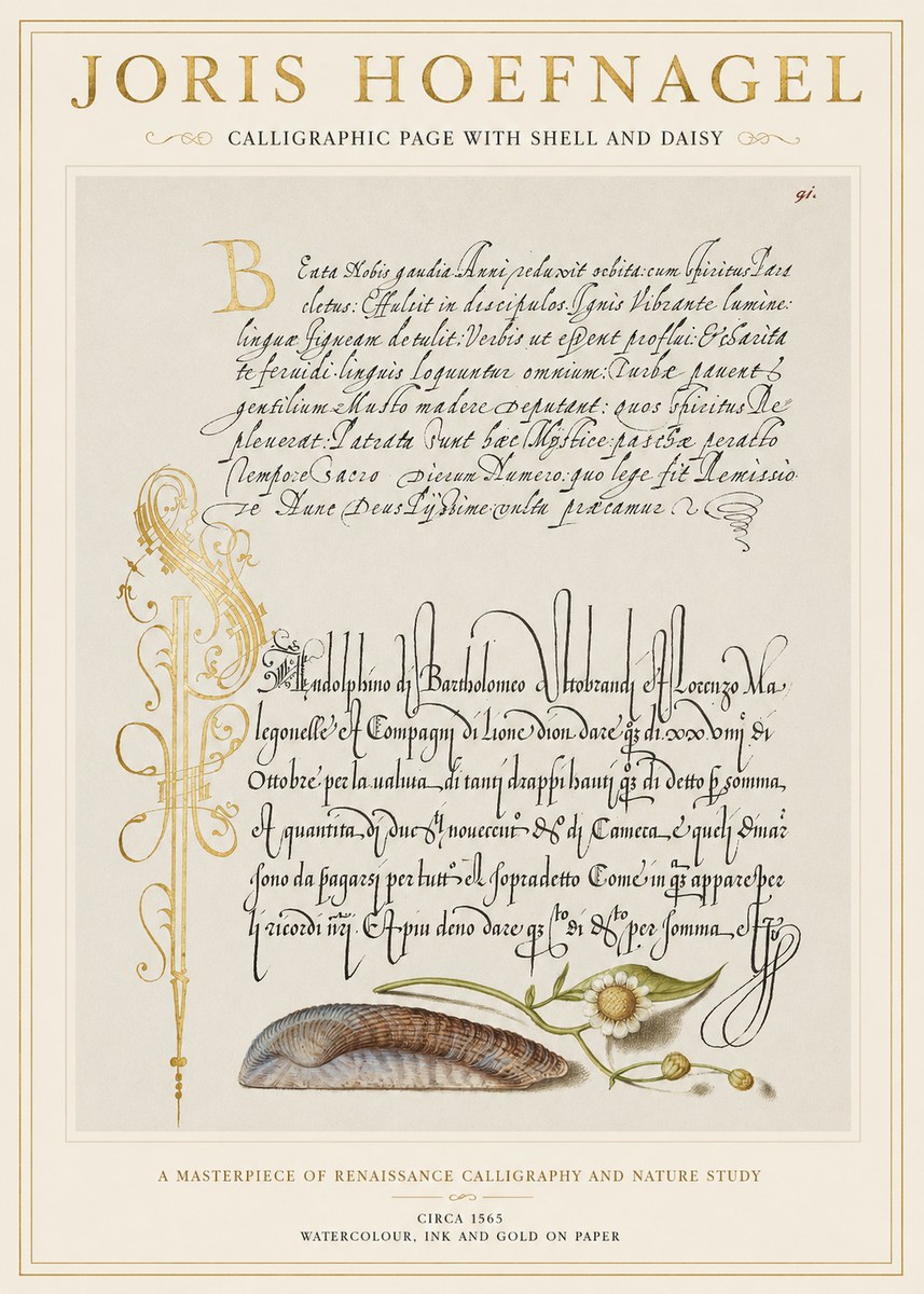 Joris Hoefnagel Calligraphic Page with Shell and Daisy No1 - Affiche