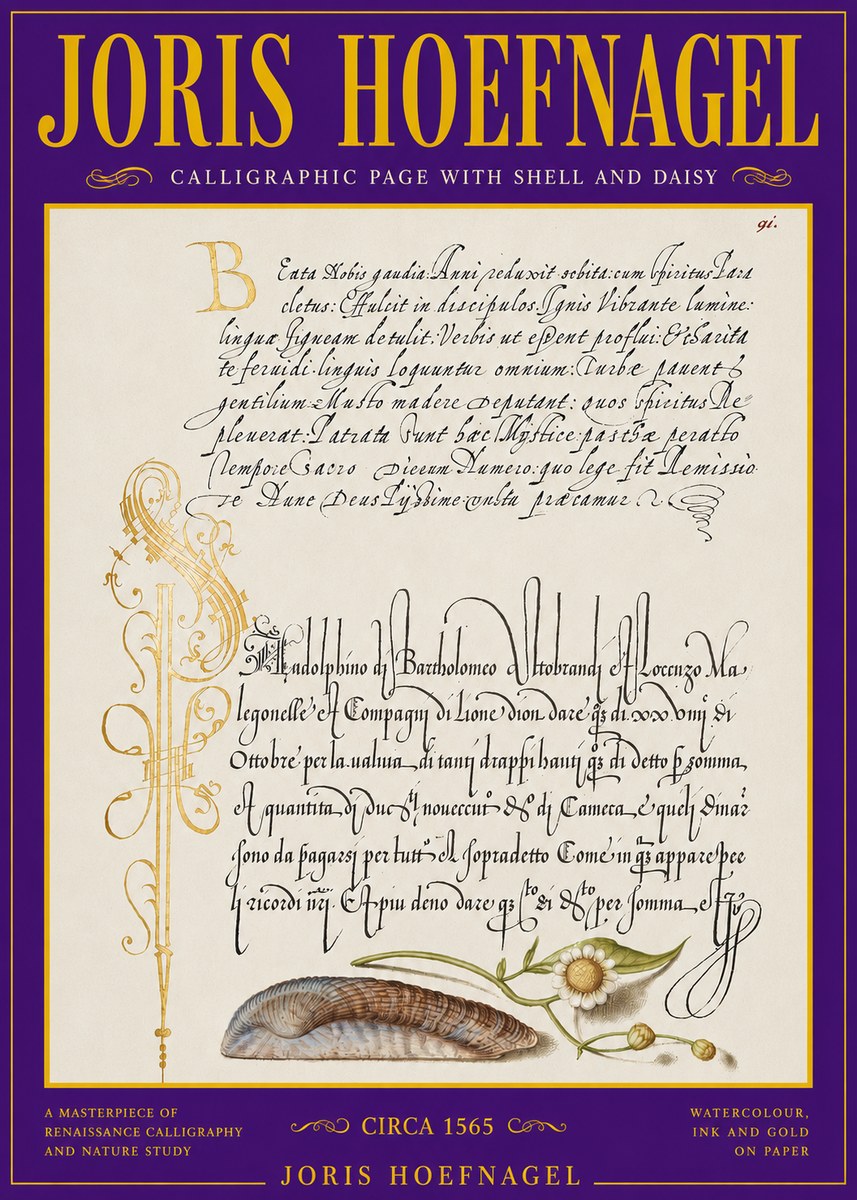 Joris Hoefnagel Calligraphic Page with Shell and Daisy No3 - Affiche