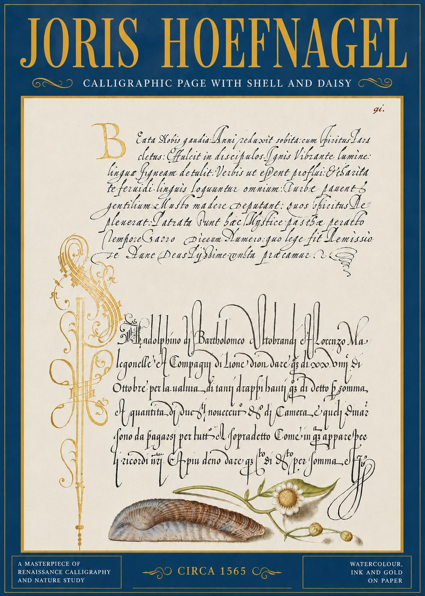 Joris Hoefnagel Calligraphic Page with Shell and Daisy No5 - Affiche