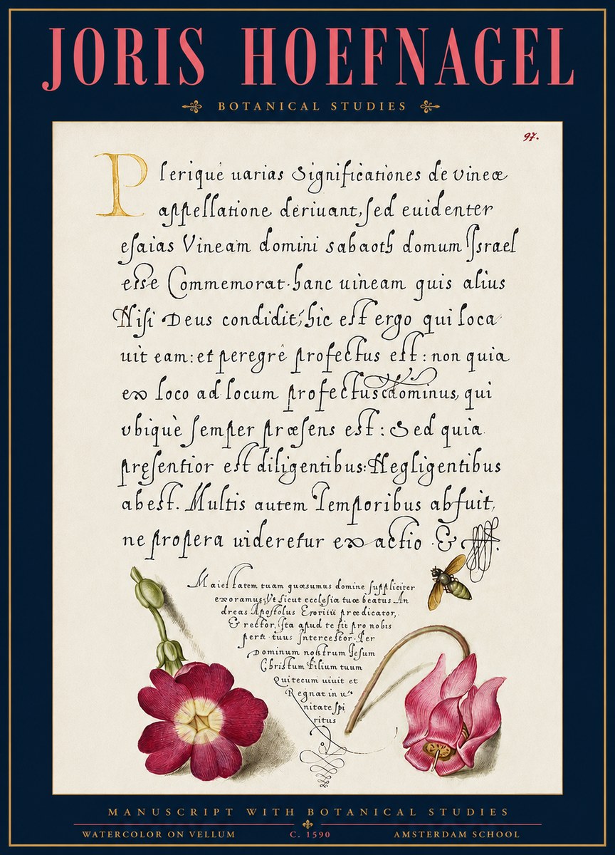 Joris Hoefnagel Manuscript with Botanical Studies No3 - Affiche