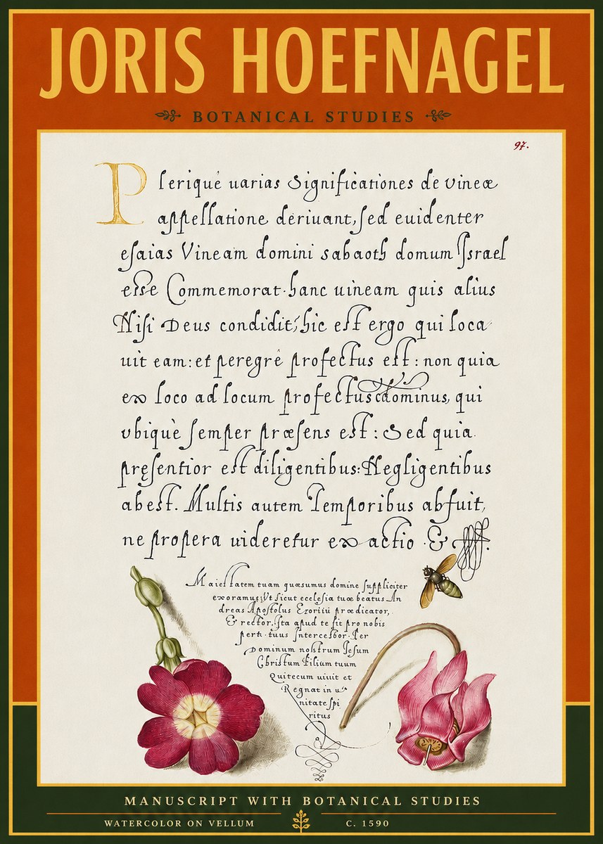 Joris Hoefnagel Manuscript with Botanical Studies No4 - Affiche