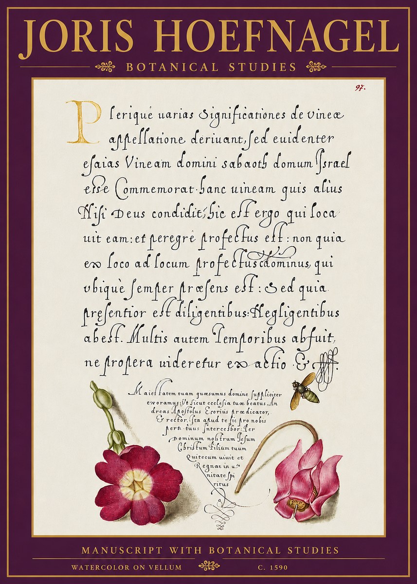 Joris Hoefnagel Manuscript with Botanical Studies No5 - Affiche