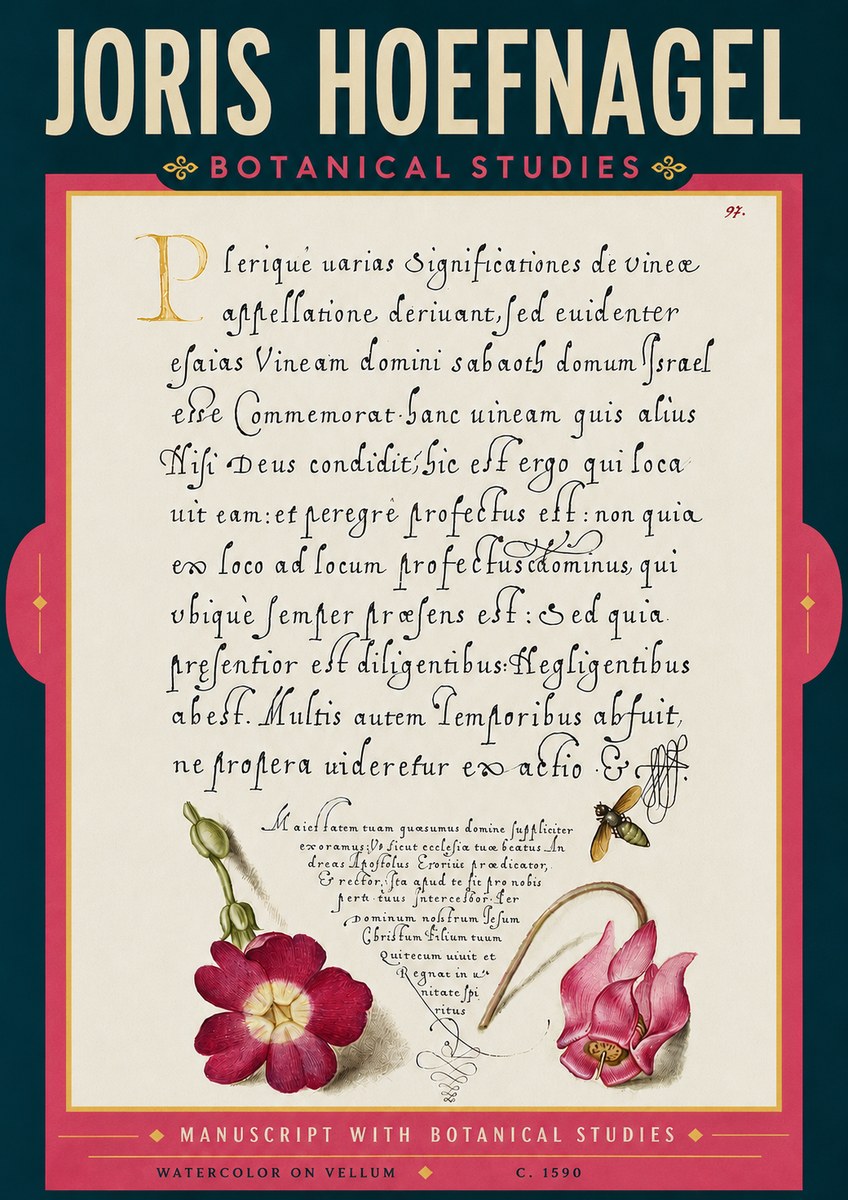 Joris Hoefnagel Manuscript with Botanical Studies No6 - Affiche