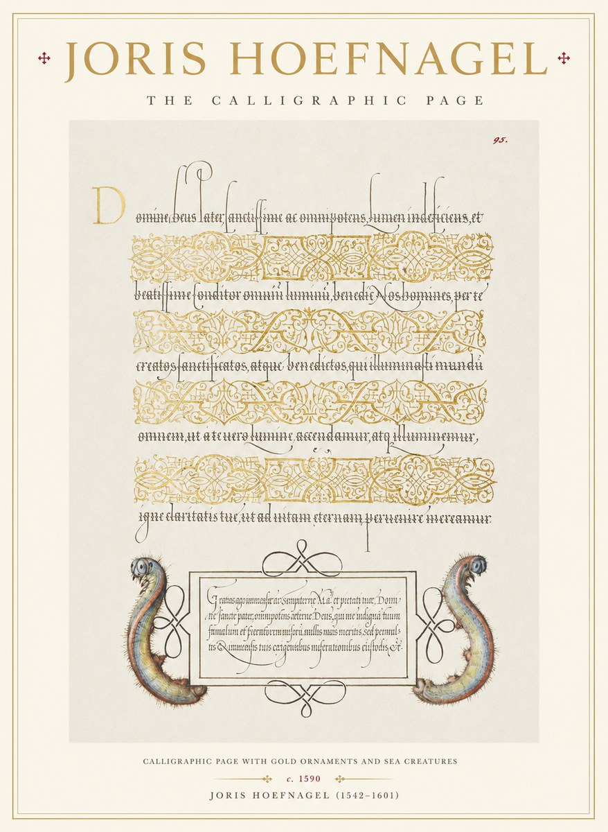 Joris Hoefnagel Calligraphic Page with Gold Ornaments and Sea Creatures No1 - Affiche