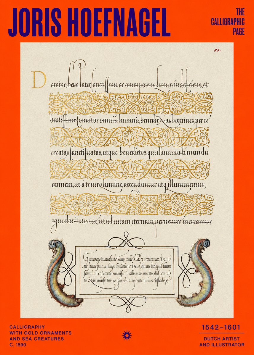 Joris Hoefnagel Calligraphic Page with Gold Ornaments and Sea Creatures No2 - Affiche